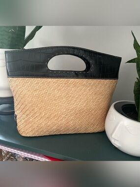 Franco Sarto Small Straw Tote with Black Croc-Effect Trim